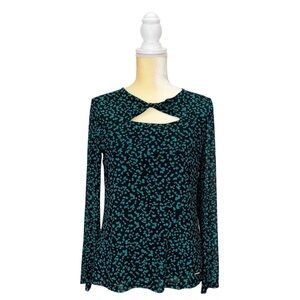 Nine West Leopard Print Keyhole Long Sleeve Top Size Medium Black Green New NWT